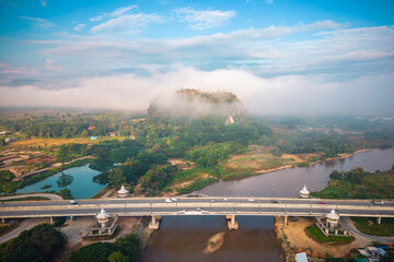 Aerial view of drone flying above Kok River, Chiang Rai Province, Thailand - 571174690