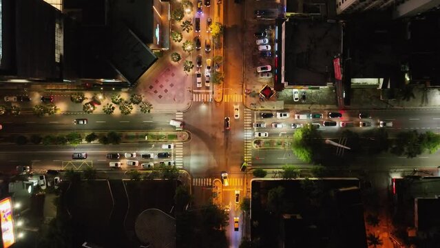 Topdown Of Night Traffic In The Intersection In City Center Of Santo Domingo In The Dominican Republic. aerial
