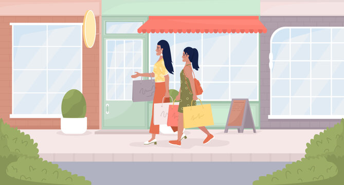Staying connected with teenager girl flat color vector illustration. Mom and daughter shopping. Fully editable 2D simple cartoon characters with boutiques and fashionable stores exterior on background
