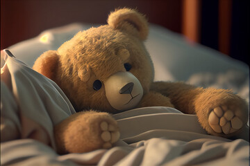 illustration of brown bear toy in bed ready to sleep. AI