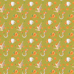 Beautiful seamless floral pattern with hand painted watercolor vibrant flowers, herbal mortar, sickle, cup. Calendula orange on a green background. Illustration for packaging design, textiles