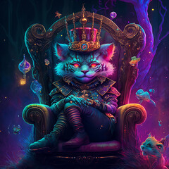 cyberpunk style colorful baby king with diamond crown cheshire cat - obrazy, fototapety, plakaty