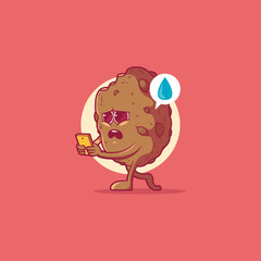 Sad Cookie character walking with smartphone vector illustration. Food, tech design concept.
