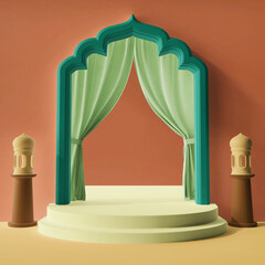 3d rendering illustration concept modern pop minimal arabic entrance with curtains stairs podium product display islamic ramadan eid al fitr theme social media square size