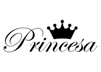 Logo aislado con letras palabra Princesa en texto manuscrito en español con silueta de corona - obrazy, fototapety, plakaty