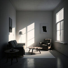 Naklejka na ściany i meble modern interior design, Minimalist living room black and white accent beige armchair, invoke calmness, generative ai