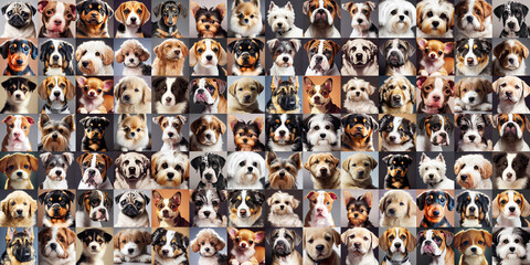 Cotton fabric Many different dog puppy portraits as seamless wallpaper tiles (Generative AI)