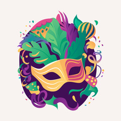 Mardi gras. Mask with feathers, festival bright colours. Icon, clipart for website, holiday, travel, festival application. Mardi gras party invitation. Vector flat illustration, cartoon style.