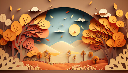 Cute autumn background paper cut style. Generative AI.