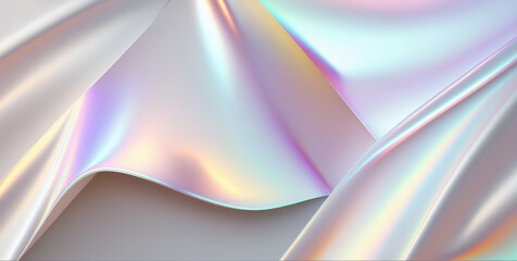 White holographic trendy abstract background with place for text, copy space. Oil spill effect background. Pastel rainbow colors wallpaper. Reflection textile. Generative ai