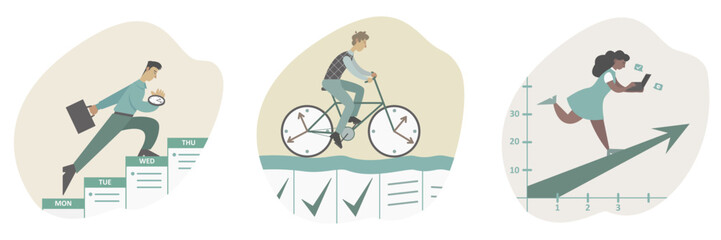 Fototapeta premium Effective time planning. Time management concept. Businessman with briefcase run up on stairs of schedule. Character rides time bike. Girl runs along arrow to success. Flat vector illustration