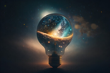 Lone Idea Takes on the Universe: A Conceptual Image of a Floating Lightbulb in Space