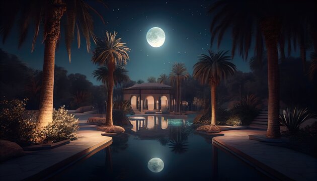 A tranquil oasis, with palm trees, a crystal-clear pool ramadan of celebration background. generative ai