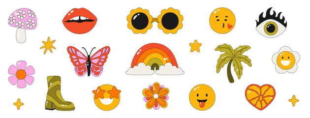 Retro clipart of the 60s - 70s. Vector illustrations in simple style. Stickers - Palm, rainbow, butterfly, flowers,mushroom, smiley face. Hippie psychedelic style. Isolated on background. 