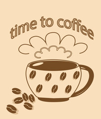 cup of coffee on a beige background coffee beans vector drawing line outlines