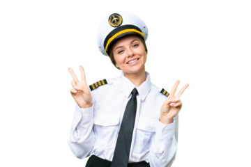 Airplane pilot woman over isolated chroma key background showing victory sign with both hands