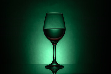 Wine glass in backlight. Wine glass on a green background.