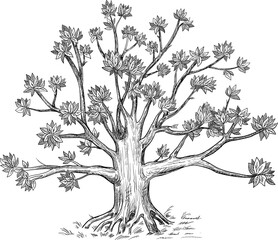 Family tree. Hand drawn illustration. Design option for your vintage genealogy book. Isolated sketch on white background.