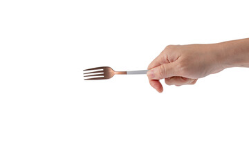 Hand and metal white fork on transparent background.
