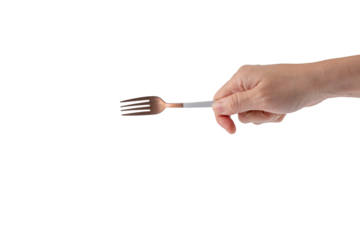 Hand and metal white fork on transparent background.