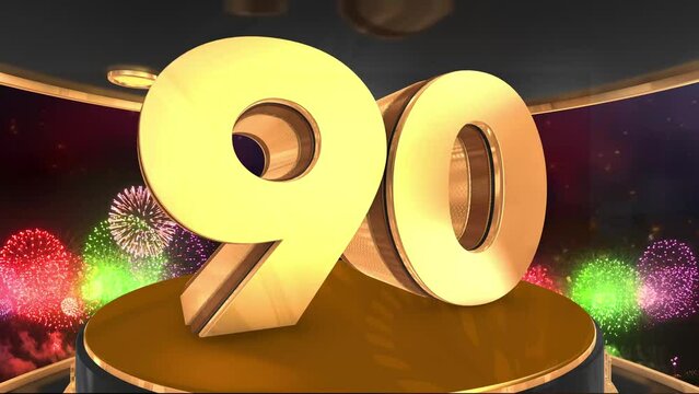 90th birthday animation in gold with fireworks background, 
Animated 90 years Birthday Wishes in 4K