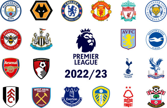 Premier League 2022-2023 of England. Leicester City, Liverpool, Chelsea, Manchester United, Manchester City, Arsenal, Tottenham Hotspur, Bournemouth, Fulham. Kyiv, Ukr - Feb 13, 2023