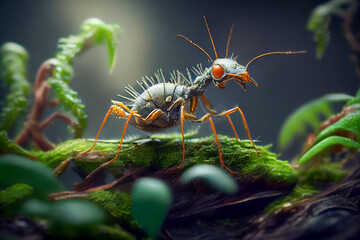 Cordyceps parasitic fungus growing on an ant, 3D illustration