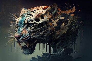 Tiger Skull. Abstract image of a tiger's head. Double exposure. Generative AI