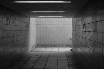 old pedestrian subway in black and white