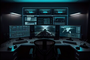 Naklejka premium Computer room with multiple screens. Trader's or hacker's workplace, empty, with a large number of monitors. 3d illustration of hacker workplace with data, infographic, charts. Generative AI