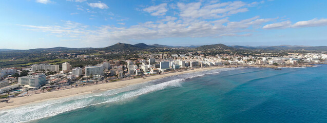 Panoramic view of Majorca resort Cala Millor. Beach, holiday, resort and vacation scene.	