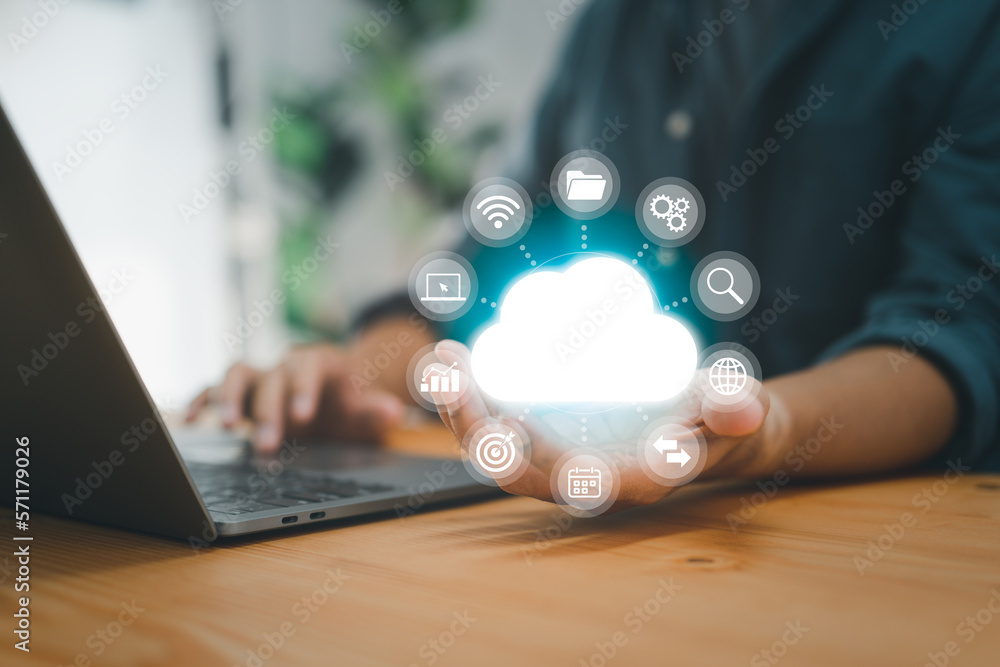 Aufkleber Cloud computing, cyber technology, internet data storage, database, and mobile server ideas, and a cloud computing network with internet icons..
