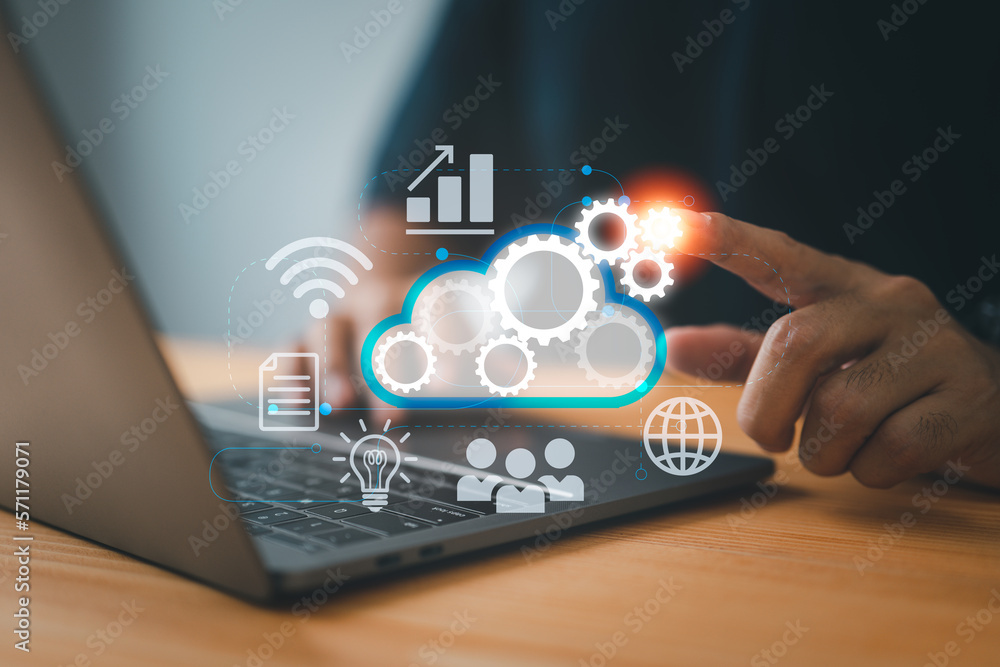 Poster cloud computing technology. internet data storage, database, and mobile server ideas with internet icons. drive business
