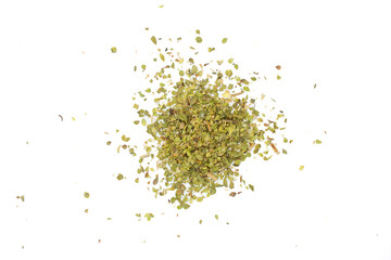 Pile of dried oregano isolated on white background. Top view, flat lay.