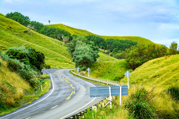 Winding Paved Road through the green hills. Gisborne, North Island, New Zealand