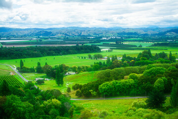 Fototapeta na wymiar Aerial view over lush green farmland and distand mountain range under cloudy sky. Breathtaking New Zealand Landscape. Greys Hill Lookout, Gisborne, North Island, New Zealand
