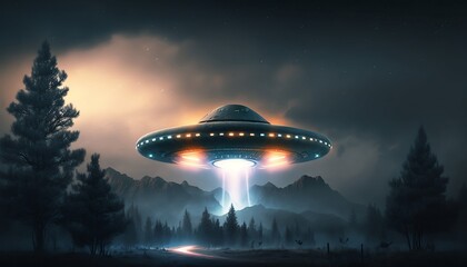 Naklejka na ściany i meble Mysterious Glowing UFOs Fleet Night Sky Illustration in forest - AI Generative