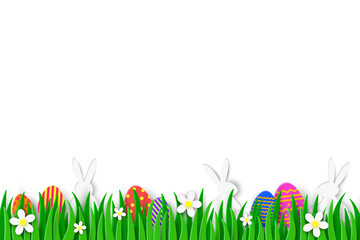 Design with Easter eggs and bunnies hidden in the grass. Transparent background with paper cut decorations. PNG illustration