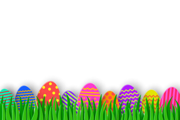 Transparent Easter background with painted eggs hidden in spring grass. Paper cut decoration. PNG illustration