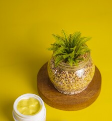 Skin Care Products for face cream yellow decorated with flowers and vintage decor wooden table and yellow background.