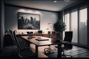 Modern Corporate Conference Room with Table and Projector Screen