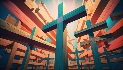 Standing wooden cross background. Generative AI technology.