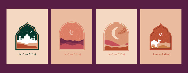 isra and mi'raj concept set with camel, crescent and mosque characters for isra miraj free flat illustration vector template on Islamic background.