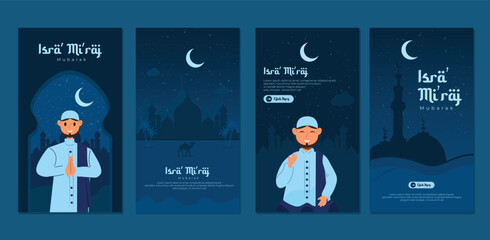 set of Isra Miraj Islamic day icons for Social Media Story Collection Template with lantern, moon concept on dark blue background.