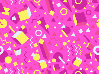 Geometric seamless pattern with 3d shapes in 80s memphis style. Isometric 3D geometric shapes in different colors. Design for printing on paper, banners and wallpapers. Vector illustration