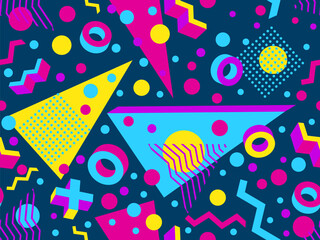 Geometric seamless pattern with 3d shapes in 80s memphis style. Isometric 3D geometric shapes in different colors. Design for printing on paper, banners and wallpapers. Vector illustration