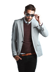 A fashionable young brawny stud with a trimmed beard and business formals is posing by holding his...