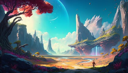Fototapeta na wymiar Beautiful fantasy landscape planet background. Generative AI technology.