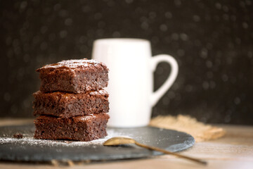 Dark chocolate brownies stack, copy space
