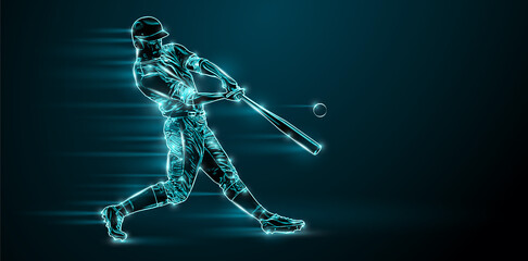 Abstract silhouette of a baseball player on black background. Baseball player batter hits the ball. - obrazy, fototapety, plakaty